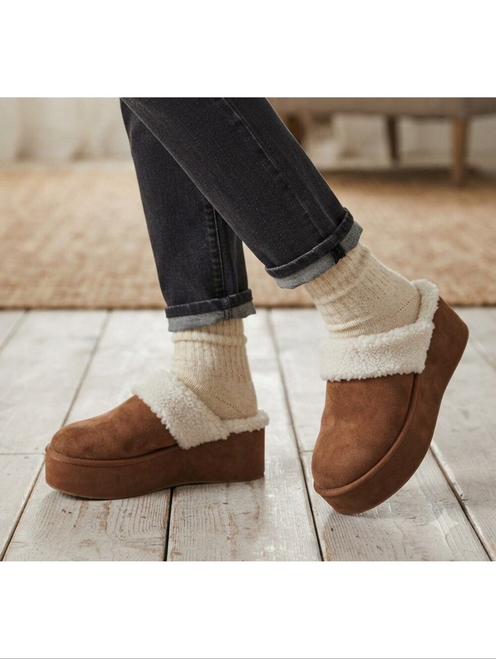 Time And Tru Faux Shearling Wedge Clogs Brown Size 11